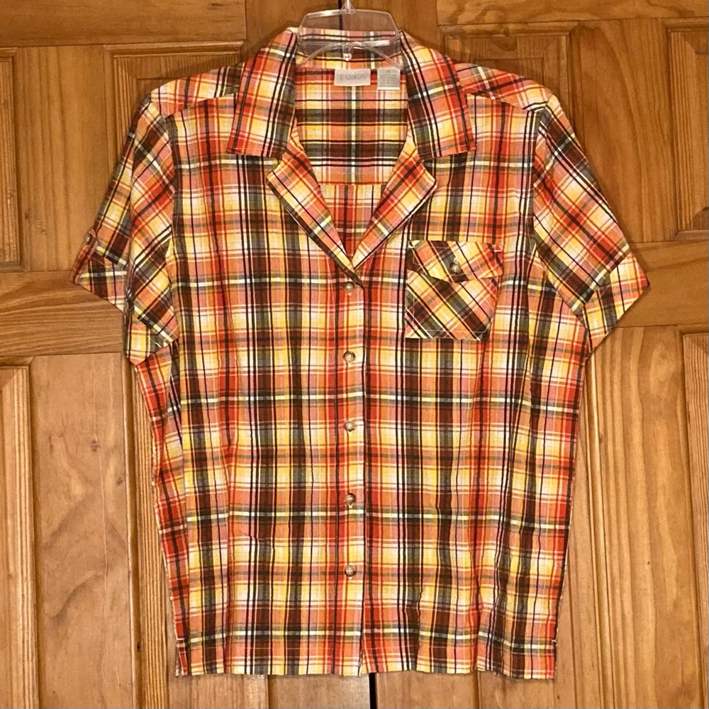 NWOT Erika Vintage 80s 90s Top Short Sleeve Blouse Plaid Orange Black Yellow M